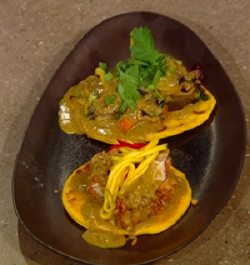 Andi Oliver’s Sweet potato roti with fried chicken, ital vegetables, mango, red chilli and ...