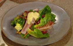 Matt Tebbutt’s  Jersey Royal potato salad with tuna steak, golden sultanas and  aioli on S ...