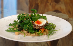 Matt Tebbutt’s  grilled vegetable salad with sumac crispy egg and a almond butter and yoghurt dr ...