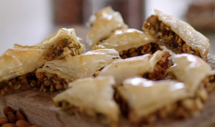 John Torode’s baklava with roasted nuts, syrups and chocolate chips on John and Lisa’ ...