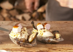 James Martin banana split with rosemary, marshmallows, green pesto, ice cream and chocolate sauc ...