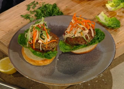 Matt Tebbutt’s lentil burgers with carrot pickle and peanut sauce on Saturday Kithcen