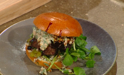 Matt Tebbutt braised ox cheek burger with stout, mushroom mayonnaise and ketchup on Saturday Kitchen