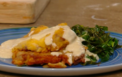 Sam and Shauna’s chicken fried steaks with country gravy and spring greens on Saturday Kitchen