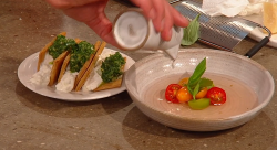 Marianne Lumb’s tomato consommé with burrata mille feuille  on Saturday Kitchen