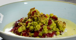 Nick Nairn apple and bramble crumble with Iranian pistachios and a Drambuie custard on The Great ...