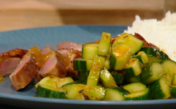 Sam and Shauna’s duckstrami with smacked cucumber and jasmine rice on Saturday kitchen