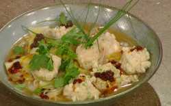 Ching’s fish ball noodle soup with chives and chilli oil on Saturday Kitchen