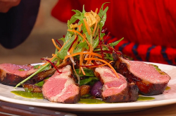 Wolfgang Puck’s lamb chops with stir fried eggplants (aubergines) on Saturday kitchen