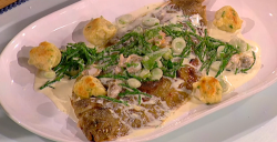 Nathan Outlaw’s grilled lemon sole with potato dumplings, cockles, samphire and and lemon  ...