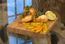 Matt Tebbutt prawn banh mi (mini baguettes with cucumber and salted mangoes) on Saturday Kitchen