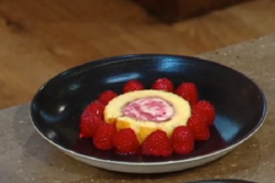 Matt Tebbutt’s Artic Roll with raspberry jam and raspberry ripple ice cream on Saturday Ki ...