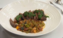 Phil’s chimichurri skirt steak with a bean fricassee on Celebrity Masterchef 2020