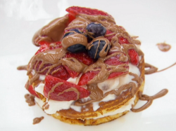 Pete Wicks sweet mess dessert with pancakes, chocolate, strawberries and almond  liqueur on Cele ...