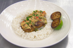 Judy Murray’s Brazilian breast with rice and a coconut jalapeno  and tomato sauce on Celeb ...