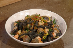 Jane Baxter’s black cavatelli with clams, prawns and courgettes on Saturday kitchen