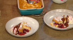 Jane Baxter Cherry clafoutis with cherry ice cream and boozy chocolate sauce on Saturday Kitchen