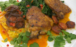 Felicity Montagu’s spiced chicken thighs with chorizo, corn and cabbage on Celebrity Maste ...