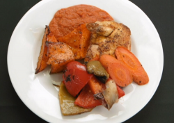 Phil Daniels and Dominic Littlewood’s spicy chicken breast with roasted vegetables and tom ...