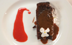 Gethin Jones  chocolate cake with chocolate ganache and raspberry coulis on Celebrity Masterchef ...