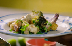 Nadiya Hussain peanut butter chicken traybake with gnocchi and Thai green curry paste on Saturda ...