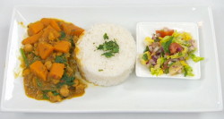 Pete Wicks South Indian chickpeas, butternut squash and spinach curry with rice and salad on Cel ...