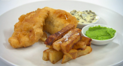 Thomas Skinner’s fish and chips with tartar sauce and pea puree on Celebrity Masterchef 2020