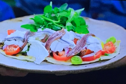 Tom Kerridge’s fire-pit flatbread with creamy burrata and anchovies salad on Tom Kerridge  ...