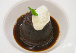 Sam Quek’s ginger and date sponge pudding with a soy caramel sauce with ginger cream and jasmine ...
