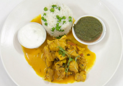 Amar mum’s chicken curry with green mango and apple chutney, rice with peas and a  yoghurt ...