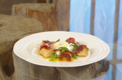 Bryn Williams pan fried gnocchi with  peas, mint, burrata and cured ham on Saturday Kitchen