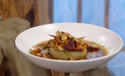 Matt Tebbutt confit turnips with mushroom consomme on Saturday Kitchen