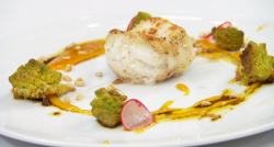 Riyadh’s pan fried monkfish with toasted pine nuts, pickled radish, citrus reduction and a chill ...
