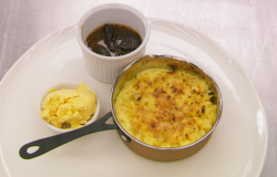 Phil Daniels mum’s rice pudding with a prune, orange and brandy sauce and vanilla ice crea ...