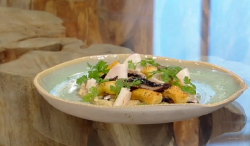 Matt Tebbutt Gnocchi with onion purée, pickled turnips and mushrooms on Saturday Kitchen