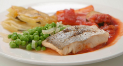 Felicity and Lady Leshurr’s Pollock with ratatouille, peas and buttery potatoes on Celebri ...