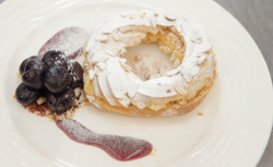 John Torode’s Paris-Brest with choux pastry, flaked almonds, cherries in kirsch syrup and  ...