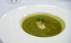 Karen’s pea and mint soup with Parmesan cheese on Celebrity Masterchef 2020