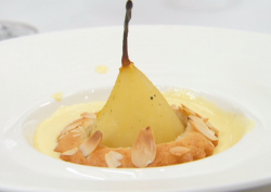 Matthew Pinsent’s poached pear and almonds with custard on Celebrity Masterchef 2020