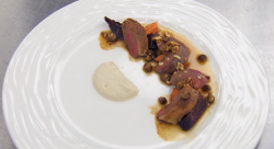 Sir Matthew Pinsent’s roasted squab pigeon with hazelnuts, artichoke puree and Madeira sau ...