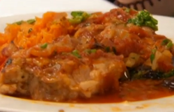 Phil’s pork fillets with Mediterranean sauce, sweet potato mash and a lime and herb sauce  ...