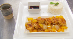 Sam Quek’s prawn, yellow pepper and onion stir-fry with chilli dipping sauce and jasmine t ...