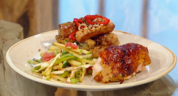 Matt Tebbutt’s roast ginger chicken with garlic, apple slaw and spiced aubergine on Saturd ...