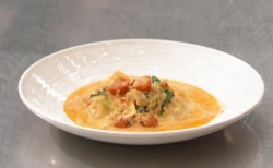 Sam’s lobster filled ravioli creamy tomato lobster and wine wine sauce made using a recipe ...