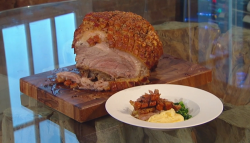 James Martin’s roasted shoulder of pork with mash potato spring greens and apple sauce on  ...