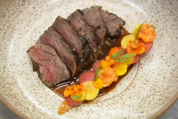 Lady Leshurr steak with carrot and red wine sauce using a recipe by Ruth Hansom on Celebrity Mas ...