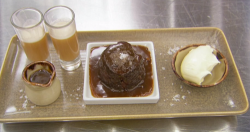 Pete Wicks sticky toffee pudding with a salted caramel sauce, clotted cream and a toffee vodka s ...