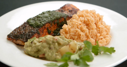 Sam Quek and Karen Gibson’s blackened spicy salmon with Cajun rice, salsa Verde on Celebri ...