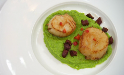 John Barnes scallops with chorizo, chilli  and pea puree on Celebrity Masterchef 2020