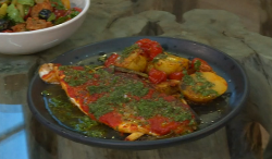 Donal Skehan harissa baked sea bass with roast potatoes and tomatoes for Greg James on Saturday  ...